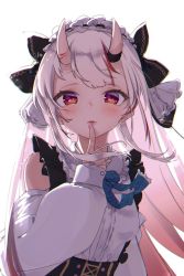 Rule 34 | 1girl, backlighting, blush, bow, breasts, clothing cutout, commentary, dress, finger to mouth, gradient hair, hair bow, highres, hololive, horns, lips, long hair, long sleeves, looking at viewer, maid headdress, multicolored hair, nail polish, nakiri ayame, nakiri ayame (girly), namaonpa, pink hair, pink nails, red eyes, red hair, shoulder cutout, silver hair, simple background, skin-covered horns, small breasts, solo, streaked hair, upper body, virtual youtuber, white background, white dress