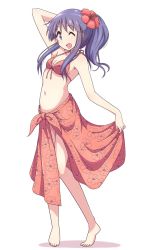 Rule 34 | 1girl, ;d, barefoot, bikini, bikini top only, blush, breasts, floral print, flower, hair flower, hair ornament, halterneck, hibiscus, highres, hinata yukari, long hair, looking at viewer, mel (melty pot), navel, one eye closed, open mouth, ponytail, print bikini, print bikini top, print sarong, purple eyes, purple hair, red bikini, sarong, shadow, simple background, skirt hold, small breasts, smile, solo, stomach, string bikini, swimsuit, toes, white background, yuyushiki