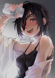 Rule 34 | 1girl, beer can, black hair, black tank top, blue eyes, blush, breasts, can, chainsaw man, collared shirt, drink can, drunk, eyepatch, highres, himeno (chainsaw man), holding, holding can, looking at viewer, medium breasts, nida 2da, off shoulder, open mouth, shirt, short hair, smile, solo, tank top, wet, wet clothes, white shirt