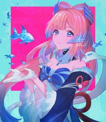 Rule 34 | 1girl, artist name, bare shoulders, black choker, blue border, blue bow, blue gemstone, blue hair, blush, border, bow, bow-shaped hair, breasts, choker, closed mouth, detached sleeves, fish, frills, gem, genshin impact, gloves, gradient hair, hair ornament, hands up, jewelry, long hair, long sleeves, looking at viewer, medium breasts, multicolored hair, necklace, pink background, pink hair, pom pom (clothes), purple eyes, purple hair, red ribbon, ribbon, rowya, sangonomiya kokomi, simple background, smile, solo, standing, twintails, vision (genshin impact), watermark, white border, white gloves, wide sleeves