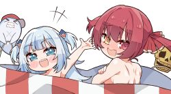 Rule 34 | 2girls, arm up, bloop (gawr gura), blue hair, blush, breasts, covering breasts, covering privates, dokuro-kun (houshou marine), gawr gura, grey hair, hair ornament, heterochromia, highres, hololive, hololive english, houshou marine, kukie-nyan, large breasts, long hair, looking at viewer, medium hair, multicolored hair, multiple girls, open mouth, red eyes, red hair, shark hair ornament, sidelocks, small breasts, smile, streaked hair, twintails, two side up, virtual youtuber, yellow eyes