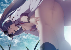 Rule 34 | 1girl, ashino moto, ass, bare shoulders, bent over, bikini, blue sky, breasts, brown eyes, brown hair, earrings, eyewear on head, fate/grand order, fate (series), hair ornament, jewelry, long hair, medium breasts, multiple earrings, open clothes, robe, sky, sunglasses, swimsuit, thighs, twintails, very long hair, white bikini, yu mei-ren (fate), yu mei-ren (swimsuit lancer) (fate)