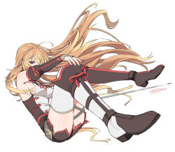 Rule 34 | 1girl, bad id, bad pixiv id, blonde hair, boots, bridal gauntlets, dress, knee boots, long hair, milla (fractured), one eye covered, red eyes, solo, tales of (series), tales of xillia, tales of xillia 2, thighhighs, umishima senbon, very long hair, white thighhighs