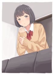 Rule 34 | 1girl, black hair, blunt bangs, blush, bob cut, border, bow, bowtie, brown eyes, cardigan, ceiling, commentary, couch, curled fingers, doorway, dress shirt, elbow rest, hand on own arm, highres, indoors, kyak bamboo, long sleeves, looking at viewer, looking down, messy hair, mochizuki chihiro, original, parted lips, red bow, red bowtie, school uniform, shirt, short hair, sleeves past wrists, solo, standing, white border, white shirt