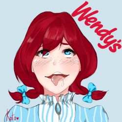 Rule 34 | 1girl, ahegao, blue dress, blue eyes, braid, commentary, dress, freckles, hair ribbon, highres, product girl, red hair, ribbon, saliva, self-upload, tongue, wendy&#039;s, wendy (wendy&#039;s)