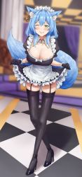 Rule 34 | 1girl, animal ears, apron, black footwear, black gloves, black thighhighs, blue hair, blush, breasts, cleavage, collarbone, detached collar, frills, full body, garter straps, gloves, green eyes, high heels, highres, large breasts, looking at viewer, maid headdress, one eye closed, original, parted lips, puffy short sleeves, puffy sleeves, sarhce, short sleeves, skindentation, smile, solo, standing, tail, teeth, thighhighs, thighs, white apron, white headwear