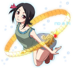 Rule 34 | 00s, 1girl, arched back, black hair, blush, flat chest, glowing, hair ribbon, jumping, kaminogi haruka, kuroo (project apricot), midriff, miniskirt, noein, ouroboros, parted bangs, purple eyes, ribbon, satelight, see-through, shoes, short hair, skirt, smile, solo, tank top
