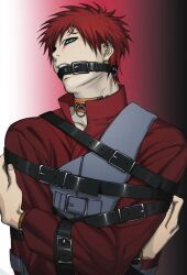 Rule 34 | 1boy, armor, bdsm, belt, collar, facial mark, gaara (naruto), gagged, hands up, highres, jacket, long sleeves, male focus, multiple belts, naruto (series), naruto shippuuden, o-ring, red background, red hair, red jacket, red theme, restrained, short hair, solo, umkaqryi, upper body