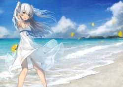 Rule 34 | 1girl, :d, absurdres, alternate costume, amatsukaze (kancolle), bare shoulders, beach, blue sky, blush, choker, cloud, collarbone, day, dress, flower, hair between eyes, highres, holding, horizon, kantai collection, long hair, looking at viewer, mountain, ocean, open mouth, outdoors, petals, sand, scan, scenery, silver hair, sky, smile, solo, standing, strapless, takanashi kei (hitsujikan), thigh strap, two side up, water, white dress, wristband, yellow eyes, yellow flower