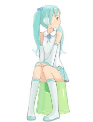 Rule 34 | 1girl, alternate hairstyle, aqua eyes, aqua hair, aqua skirt, bad drawr id, bad id, boots, breasts, closed mouth, detached sleeves, full body, hair bobbles, hair ornament, hatsune miku, headphones, headset, kneehighs, kokudou juunigou, long hair, looking to the side, profile, shirt, simple background, sitting, skirt, sleeveless, sleeveless shirt, small breasts, socks, solo, stool, thighs, twintails, vocaloid, white background, white shirt, white sleeves, white socks