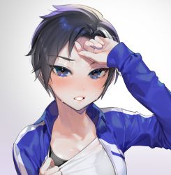 Rule 34 | 1girl, bad id, bad pixiv id, black hair, blouse, blue eyes, blush, casey (shining star), collarbone, gradient background, grey background, hand to forehead, highres, looking at viewer, ohisashiburi, original, shining star, shirt, simple background, solo, sports bra, wet, white shirt