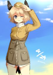 Rule 34 | 1girl, ;(, bird tail, blonde hair, blue eyes, blue sky, cloud, dated, day, head wings, kodamari, military, military uniform, one eye closed, raisa pottgen, short hair, sky, solo, strike witches, tail, twitter username, uniform, wings, witches of africa, world witches series