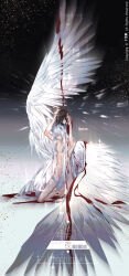 Rule 34 | 1boy, abs, angel wings, arms up, barefoot, black background, blood, blood on body, blood splatter, bloody wings, closed mouth, completely nude, english text, full body, gradient background, hair between eyes, hair censor, holding head, kneeling, long hair, miyagokarasu, nude, open clothes, original, profile, severed head, sidelocks, solo, sparkle, toned, toned male, very long hair, white background, white hair, white wings, wings