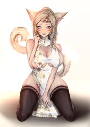 Rule 34 | 1girl, animal ears, warrior of light (ff14), black thighhighs, blonde hair, blue eyes, braid, breasts, cat ears, cat tail, china dress, chinese clothes, cleavage cutout, clothing cutout, commission, dress, facial mark, final fantasy, final fantasy xiv, gweni, heart cutout, highres, kneeling, large breasts, medium hair, miqo&#039;te, nail polish, open mouth, pelvic curtain, sideboob, sleeveless, slit pupils, solo, tail, thighhighs, whisker markings, white background