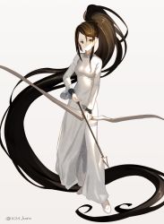 Rule 34 | 1girl, absurdly long hair, arrow (projectile), bow (weapon), brown eyes, brown hair, commentary request, full body, grey background, highres, holding, holding bow (weapon), holding weapon, km yama, long hair, original, ponytail, signature, simple background, solo, very long hair, vietnamese dress, weapon