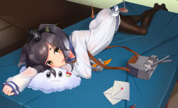 Rule 34 | 10s, 1girl, :d, absurdres, black pantyhose, brown eyes, desk, desk lamp, gradient hair, grey hair, hairband, highres, jiguang zhi aoluola, kantai collection, lamp, letter, looking at viewer, lying, machinery, miss cloud, multicolored hair, on desk, on side, on stomach, open mouth, pantyhose, pen, pillow, school uniform, serafuku, smile, solo, tokitsukaze (kancolle), turret, two side up