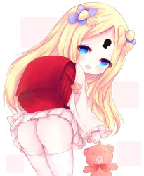 Rule 34 | 1girl, :o, abigail williams (fate), aged down, ass, backpack, bag, bag charm, blonde hair, blue eyes, blush, bow, charm (object), fate/grand order, fate (series), from behind, hair bow, highres, leaning forward, long hair, long sleeves, looking at viewer, looking back, miko (no1122334455a), orange bow, parted bangs, parted lips, pink shirt, pink skirt, pleated skirt, polka dot, polka dot bow, purple bow, randoseru, red bow, shirt, skirt, solo, stuffed animal, stuffed toy, teddy bear, teeth, thighhighs, upper teeth only, very long hair, white thighhighs