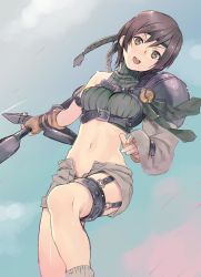 Rule 34 | 1990s (style), 1girl, :d, armlet, bare shoulders, belt, black hair, brown eyes, brown gloves, crop top, final fantasy, final fantasy vii, gloves, gradient background, headband, highres, holding, holding weapon, kunai, leg up, long sleeves, natsuhiko, navel, open fly, open mouth, retro artstyle, shorts, shoulder pads, sleeveless, sleeveless turtleneck, sleeves past wrists, smile, solo, thigh strap, turtleneck, unzipped, weapon, yuffie kisaragi