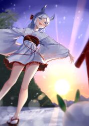 Rule 34 | 1girl, absurdres, akinakesu-chan, animal ears, blue eyes, blurry, blurry foreground, commentary request, depth of field, frilled skirt, frills, grey hair, highres, japanese clothes, kimono, obi, original, outdoors, outstretched arm, parted bangs, red footwear, sandals, sash, skirt, snow, snow rabbit, socks, solo, standing, sunrise, tabi, torii, white kimono, white skirt, white socks, wide sleeves, zouri