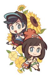 Rule 34 | 1boy, 1girl, backpack, bag, baseball cap, beanie, black hair, black hat, blue eyes, blush stickers, bright pupils, capri pants, chibi, creatures (company), elio (pokemon), floral print, flower, full body, game freak, green shorts, hat, looking at viewer, nintendo, pants, pokemon, pokemon sm, red hat, selene (pokemon), shirt, shoes, short hair, short sleeves, shorts, shoulder bag, simple background, smile, sneakers, ssalbulre, striped clothes, striped shirt, sunflower, swept bangs, t-shirt, tied shirt, white background, z-ring