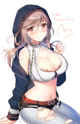 Rule 34 | 1girl, bad id, bad pixiv id, bare shoulders, belt, black jacket, black shorts, blush, breasts, brown hair, cleavage, cleavage cutout, closed mouth, clothing cutout, commentary request, frills, gem, heart, highres, hood, hood up, hooded jacket, idolmaster, idolmaster shiny colors, jacket, lace trim, large breasts, pantyhose under shorts, long hair, long sleeves, melo (meromero), micro shorts, navel, off shoulder, open clothes, open jacket, pantyhose, red eyes, short shorts, shorts, simple background, sitting, smile, solo, stomach, swept bangs, torn clothes, torn pantyhose, translation request, tsukioka kogane, white background, white pantyhose