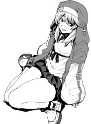 Rule 34 | 1boy, absurdres, bike shorts, bridget (guilty gear), full body, greyscale, grin, guilty gear, guilty gear strive, habit, hair between eyes, highres, hood, hoodie, kaauchi, long hair, looking at viewer, male focus, monochrome, open clothes, open hoodie, shirt, shoes, shorts, simple background, sitting, skirt, sleeves past wrists, smile, sneakers, solo, trap, wariza, white background