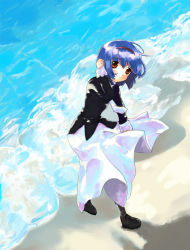 Rule 34 | 1girl, beach, blue hair, day, hairband, little busters!, nishizono mio, ocean, outdoors, smile, solo, water, wind