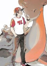 Rule 34 | 1boy, brown hair, clenched hand, closed mouth, creatures (company), game freak, gen 1 pokemon, hand in pocket, hand up, hat, lapras, lillin, male focus, nintendo, pants, pokemon, pokemon (creature), pokemon sm, raglan sleeves, red (pokemon), red headwear, shirt, shoes, short hair, short sleeves, smile, standing, white background