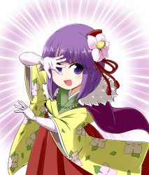 Rule 34 | 1girl, capelet, cowboy shot, elbow gloves, floral print, flower, forbidden scrollery, gloves, hair flower, hair ornament, hieda no akyuu, japanese clothes, kimono, kousei (public planet), long sleeves, looking at viewer, purple eyes, purple hair, short hair, solo, touhou, white gloves, wide sleeves