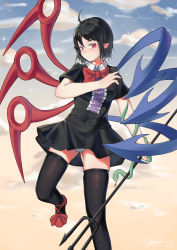 Rule 34 | 1girl, absurdres, ahoge, asymmetrical wings, black dress, black hair, black thighhighs, blue wings, blush, bow, bowtie, breasts, buttons, center frills, cloud, dress, foot out of frame, footwear bow, frills, gluteal fold, hand up, highres, holding trident, houjuu nue, littiecy, looking at viewer, medium breasts, panties, pantyshot, pointy ears, polearm, red bow, red bowtie, red eyes, red footwear, red wings, shoes, short dress, short hair, short sleeves, skindentation, sky, smile, snake, solo, star (sky), starry sky, thighhighs, touhou, trident, underwear, weapon, white panties, wings