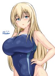 Rule 34 | 1girl, arm at side, bare shoulders, bismarck (kancolle), blonde hair, blue eyes, blush, breasts, collarbone, competition swimsuit, covered navel, dated, hair between eyes, hand on own hip, highleg, highres, kantai collection, large breasts, long hair, looking at viewer, montemasa, one-piece swimsuit, open mouth, simple background, solo, swimsuit, twitter username, upper body, wet, white background
