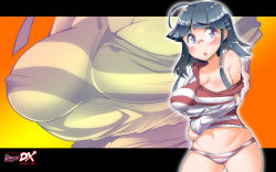 Rule 34 | 1girl, action pizazz, ahoge, breasts, character request, cleavage, covered erect nipples, glasses, highres, large breasts, letterboxed, midriff, no bra, off shoulder, official art, official wallpaper, panties, shirt slip, solo, striped clothes, striped panties, underwear, wallpaper, zoom layer