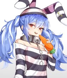 Rule 34 | 1girl, animal hat, bare shoulders, blue hair, breasts, carrot, collar, commentary, facing viewer, hat, highres, holding, holding carrot, hololive, long hair, looking ahead, metal collar, multicolored hair, nogong, open mouth, prison clothes, rabbit hat, red eyes, simple background, small breasts, smile, solo, teeth, twintails, upper body, upper teeth only, usada pekora, usada pekora (prisoner), virtual youtuber, white background