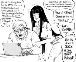 Rule 34 | 1boy, 1girl, absurdres, artist self-insert, bb (baalbuddy), black hair, breasts, computer, english text, facial hair, greyscale, highres, hime cut, hime cut wife (baalbuddy), laptop, large breasts, long hair, monochrome, original, simple background, sitting, speech bubble, stubble, table, white background