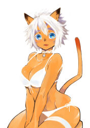 Rule 34 | 1girl, :d, adventurer (ff11), animal ears, bare arms, bare shoulders, between legs, blue eyes, bra, breasts, cat ears, cat girl, cat tail, cleavage, collarbone, colored eyelashes, doraeshi, facial mark, fangs, final fantasy, final fantasy xi, front-tie bra, hair between eyes, hand between legs, highres, looking at viewer, medium breasts, mithra (ff11), open mouth, panties, short hair, side-tie panties, simple background, sitting, smile, solo, tail, underwear, v arms, whisker markings, white background, white bra, white hair, white panties