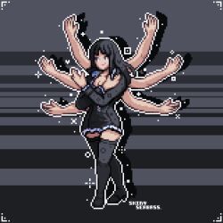 1girl black_hair blue_eyes blunt_bangs boots breasts cleavage collared_dress dress extra_arms female_focus hana_hana_no_mi highres leather leather_boots leather_dress long_hair medium_hair nico_robin nico_robin_(water_7) one_piece pixel_art shinyseabass smile solo thigh_boots thighhighs zettai_ryouiki