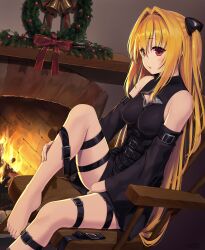 Rule 34 | 1girl, 2023, absurdres, bare shoulders, barefoot, belt, black belt, black dress, blonde hair, blush, breasts, christmas, christmas wreath, commentary request, covered erect nipples, curvy, dated, dated commentary, detached sleeves, dress, eyes visible through hair, feet, fireplace, foot out of frame, hair between eyes, hair intakes, highres, indoors, knee up, konjiki no yami, legs, long hair, long sleeves, looking at viewer, medium breasts, nose, on chair, parted lips, red eyes, short dress, sidelighting, sidelocks, signature, sitting, solo, straight hair, thigh strap, thighs, to love-ru, toenails, toes, traveler (artbbt), two side up, very long hair, wide sleeves, wreath
