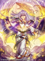 Rule 34 | 1girl, belt, blue eyes, book, bracelet, cape, company connection, copyright name, detached sleeves, dragon, dress, fire emblem, fire emblem: genealogy of the holy war, fire emblem cipher, jewelry, julia (fire emblem), long dress, long hair, long sleeves, magic, nintendo, official art, purple hair, umiu geso, very long hair, wide sleeves
