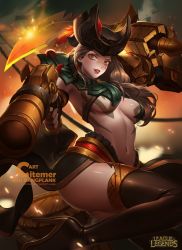 Rule 34 | 1girl, aiming, aiming at viewer, breasts, citemer, gangplank (league of legends), gender request, genderswap, gun, league of legends, liuruoyu8888, navel, scar, solo, stomach, sword, thighhighs, underboob, weapon