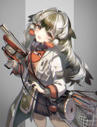 Rule 34 | 1girl, arknights, blush, holding, holding weapon, long hair, looking at viewer, multicolored hair, net, open mouth, orange eyes, sidelocks, snowsant (arknights), solo, touchika, weapon
