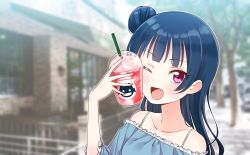 Rule 34 | 1girl, ;d, blue hair, blue shirt, blurry, blurry background, collarbone, cup to cheek, deadnooodles, drinking straw, eyes visible through hair, fang, food, frilled shirt, frills, hair bun, highres, long hair, looking at viewer, love live!, love live! sunshine!!, nail polish, off-shoulder shirt, off shoulder, one eye closed, open mouth, photo background, purple eyes, red nails, shaved ice, shirt, side bun, single side bun, smile, solo, spaghetti strap, tree, tsushima yoshiko, upper body