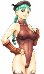 Rule 34 | 1girl, alternate hairstyle, bare legs, bare shoulders, beret, braid, breasts, cameltoe, cammy white, cammy white (cosplay), capcom, collarbone, cosplay, covered navel, elbow gloves, covered erect nipples, fingerless gloves, gloves, green eyes, green hair, hand on own hip, hat, kari (artist), leotard, long hair, matching hair/eyes, morrigan aensland, nail polish, skin tight, smile, solo, street fighter, taut clothes, thong leotard, toned, twin braids, vampire (game), winged hat
