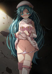 Rule 34 | 1girl, aqua eyes, aqua hair, aqua nails, bare shoulders, bell, beret, blush, bow, breasts, buttons, censored, closed eyes, clothes lift, crack, cracked wall, crying, crying with eyes open, detached sleeves, double-breasted, female focus, frilled panties, frills, frown, gluteal fold, hair bell, hair ornament, hat, hatsune miku, highres, jingle bell, lifting own clothes, light particles, long hair, long sleeves, looking away, looking down, medium breasts, mosaic censoring, nail polish, navel, nose blush, panties, pink bow, pink shirt, project diva (series), pussy, scarf, shirt, skirt, skirt lift, solo, standing, sunlight, tears, thighhighs, thighs, tsukishiro saika, underwear, upskirt, v-shaped eyebrows, very long hair, vocaloid, white hat, white scarf, white thighhighs, wrist cuffs