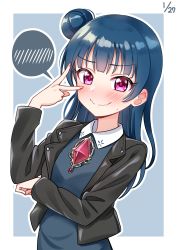 Rule 34 | 1girl, black jacket, blue background, blue hair, blue shirt, blush, brooch, clenched hand, collared shirt, dated, deadnooodles, embarrassed, hair bun, hand on own elbow, highres, jacket, jewelry, long hair, long sleeves, love live!, love live! school idol festival, love live! sunshine!!, outline, purple eyes, shirt, side bun, simple background, single side bun, solo, spoken blush, sweatdrop, tsushima yoshiko, upper body, v over eye, wavy mouth, white outline
