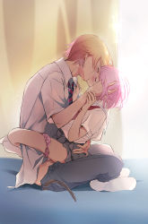 Rule 34 | 1boy, 1girl, absurdres, belt, blonde hair, blush, closed mouth, clothed sex, couple, french kiss, gradient hair, grey shirt, hand in another&#039;s hair, hand on another&#039;s hip, heavy breathing, hetero, highres, implied sex, indoors, kamiyama high school uniform (project sekai), kiss, leg lock, momomo (m0 3), multicolored hair, neckerchief, necktie, on bed, ootori emu, panties, panties around leg, pants, pink hair, pink panties, pleated skirt, polka dot, polka dot panties, project sekai, red neckerchief, sailor collar, saliva, school uniform, serafuku, sex, shirt, short hair, short sleeves, sitting, skirt, socks, straddling, striped necktie, sweat, tenma tsukasa, underwear, upright straddle, white legwear, white shirt