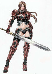 Rule 34 | 1girl, armor, black panties, boots, breasts, brown eyes, brown hair, cleavage, cleavage cutout, clothing cutout, contrapposto, female focus, floating hair, fraudir, full body, gauntlets, holding, holding sword, holding weapon, knee pads, large breasts, long hair, looking to the side, navel, official art, open mouth, panties, shoulder pads, skirt, solo, standing, stomach, sword, thigh boots, thighhighs, underwear, valkyrie profile (series), weapon, white background, yoshinari kou, yoshinari you