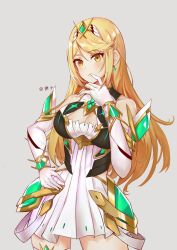 Rule 34 | 1girl, bare shoulders, blonde hair, breasts, ca zi, chest jewel, chinese commentary, cleavage, cowboy shot, dress, earrings, gem, gloves, grey background, highres, jewelry, large breasts, long hair, looking at viewer, mythra (xenoblade), nintendo, short dress, simple background, solo, swept bangs, thigh strap, tiara, white dress, white gloves, xenoblade chronicles (series), xenoblade chronicles 2, yellow eyes