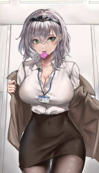 Rule 34 | 1girl, absurdres, breasts, cleavage, condom, condom in mouth, condom wrapper, green eyes, hairband, highres, hololive, hololive fantasy, indoors, looking at viewer, miyayosh, mouth hold, pencil skirt, pleated skirt, shirogane noel, shirt, short hair, skirt, solo, virtual youtuber, white shirt