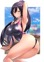Rule 34 | 1girl, absurdres, arm up, armpits, ass, ball, beachball, black hair, breasts, competition swimsuit, highres, hotate-chan, idolmaster, idolmaster shiny colors, large breasts, long hair, looking at viewer, one-piece swimsuit, ponytail, shirase sakuya, smile, solo, swimsuit, thighs, twisted torso, very long hair, yellow eyes