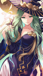 Rule 34 | 1girl, adjusting hair, breasts, dress, fire emblem, fire emblem: three houses, fire emblem heroes, green eyes, green hair, hair flip, halloween, halloween costume, hand in own hair, hat, highres, large breasts, long hair, looking at viewer, nakabayashi zun, nintendo, official alternate costume, rhea (fire emblem), smile, solo, very long hair, witch, witch hat